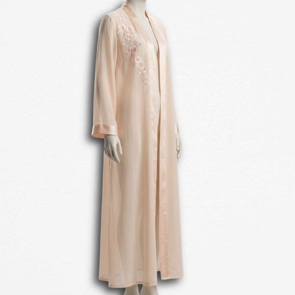 California Dynasty Pink Sheer Long Robe Floral Embroidered Satin Trim MS6036 M